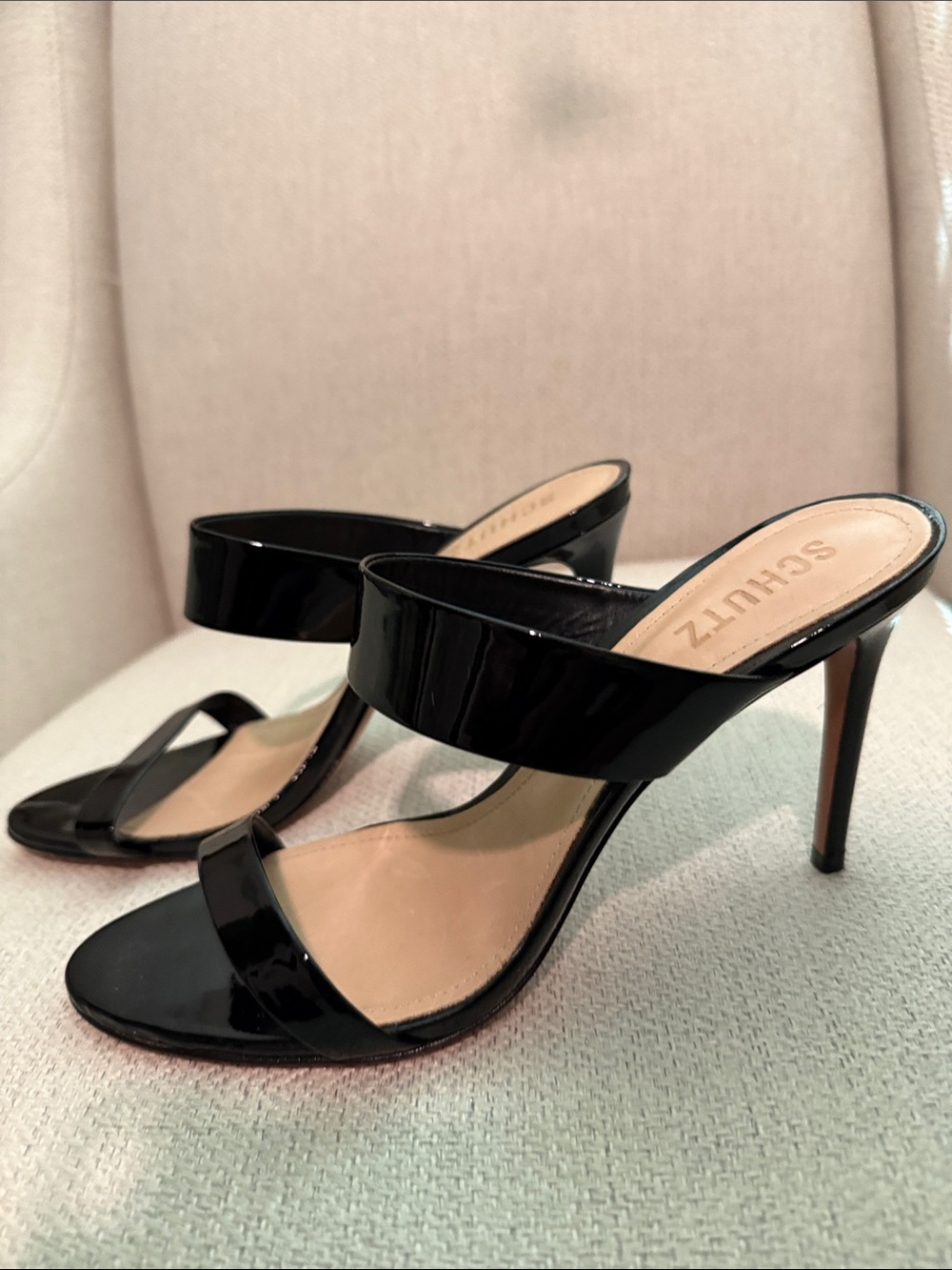 SCHUTZ Black Patent Double-Band Stiletto Slide Heels - Picture 2 of 4